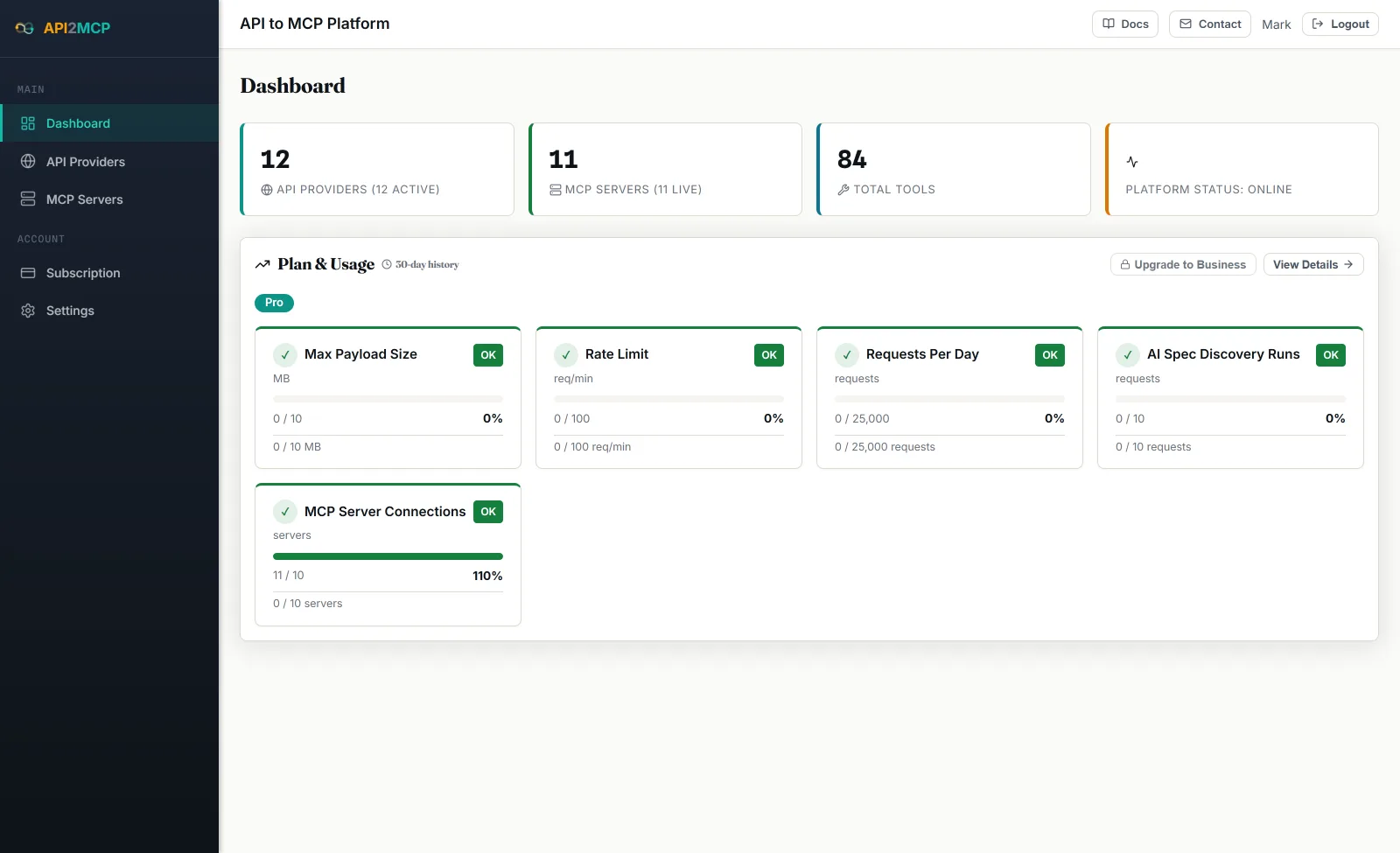 API2MCP dashboard