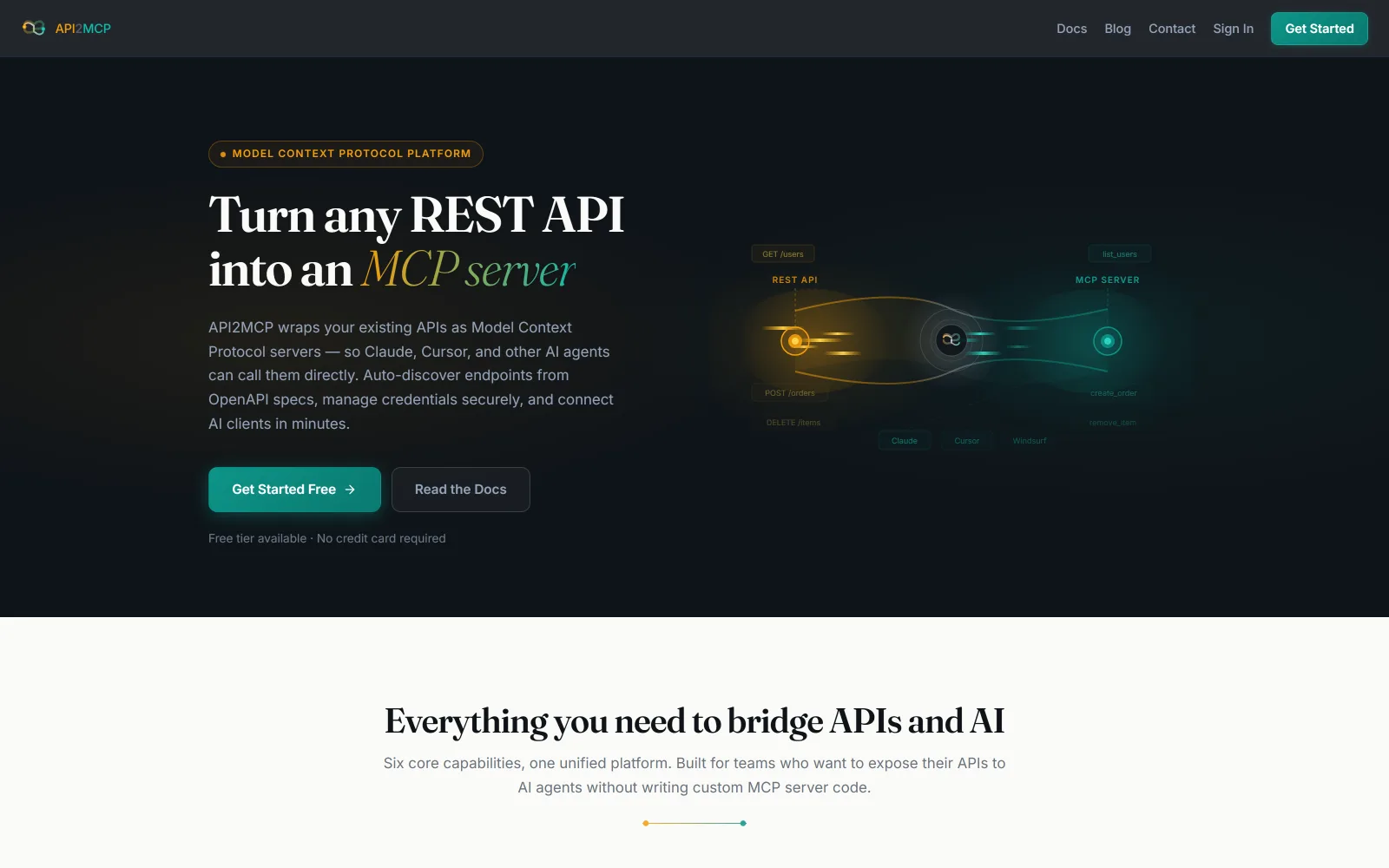 API2MCP home page: turn any REST API into an MCP server
