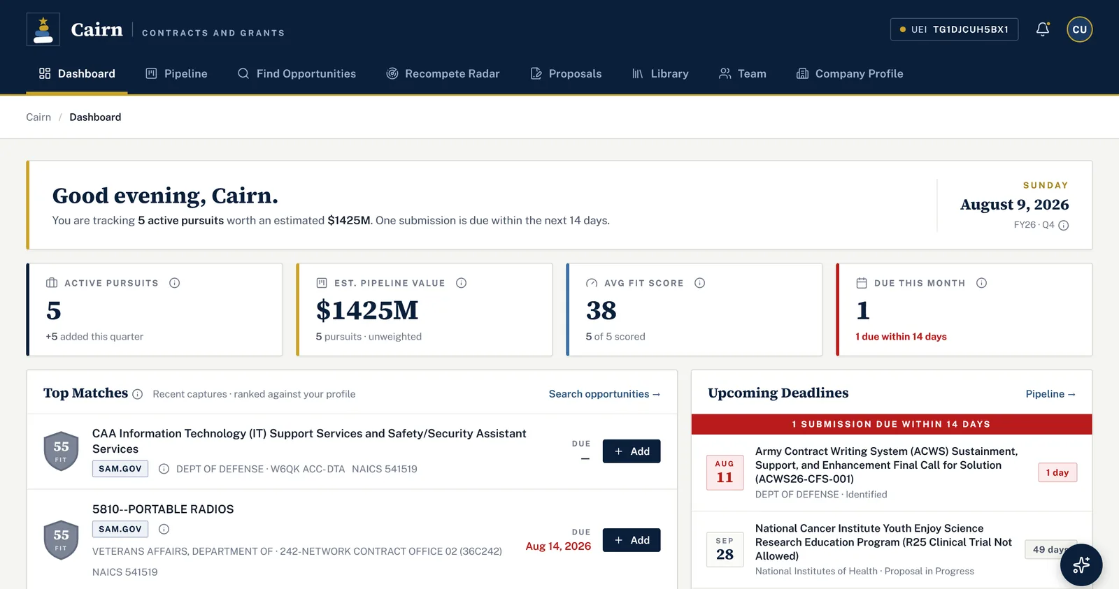 Cairn dashboard with fit-ranked matches and upcoming deadlines