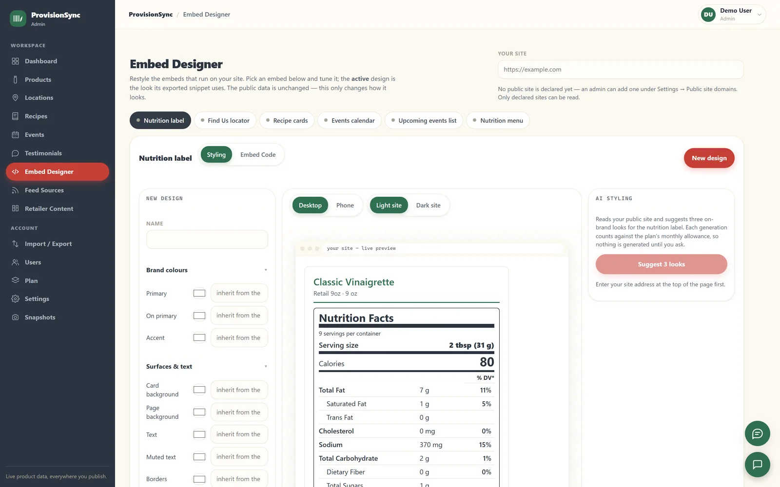 ProvisionSync Embed Designer styling a nutrition-label embed with a live preview