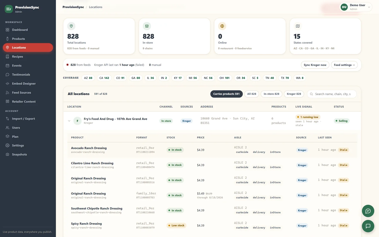 ProvisionSync locations with a store expanded to show per-product availability