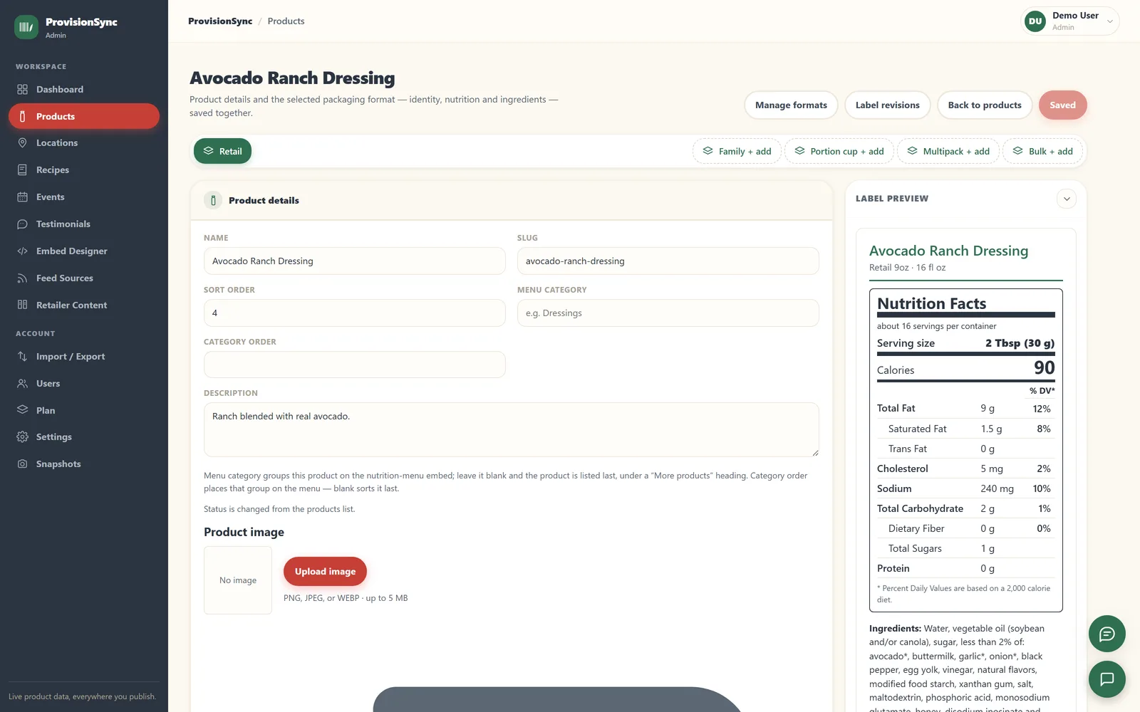 ProvisionSync product editor with a live nutrition label preview