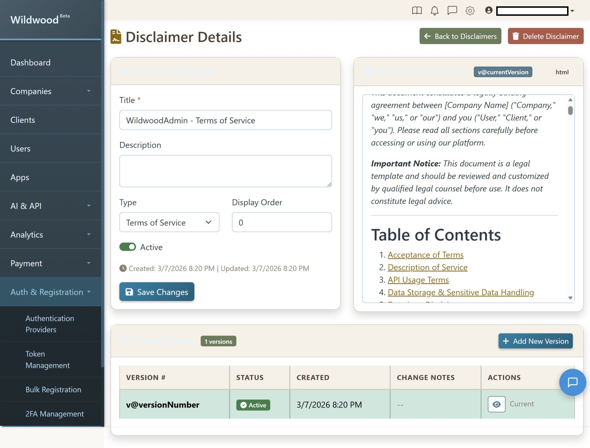 Wildwood Disclaimers